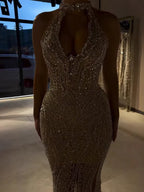Silver Nude Halter Deep V Crystal Mermaid Evening Dress CLA733673
