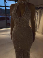 Silver Nude Halter Deep V Crystal Mermaid Evening Dress CLA733673