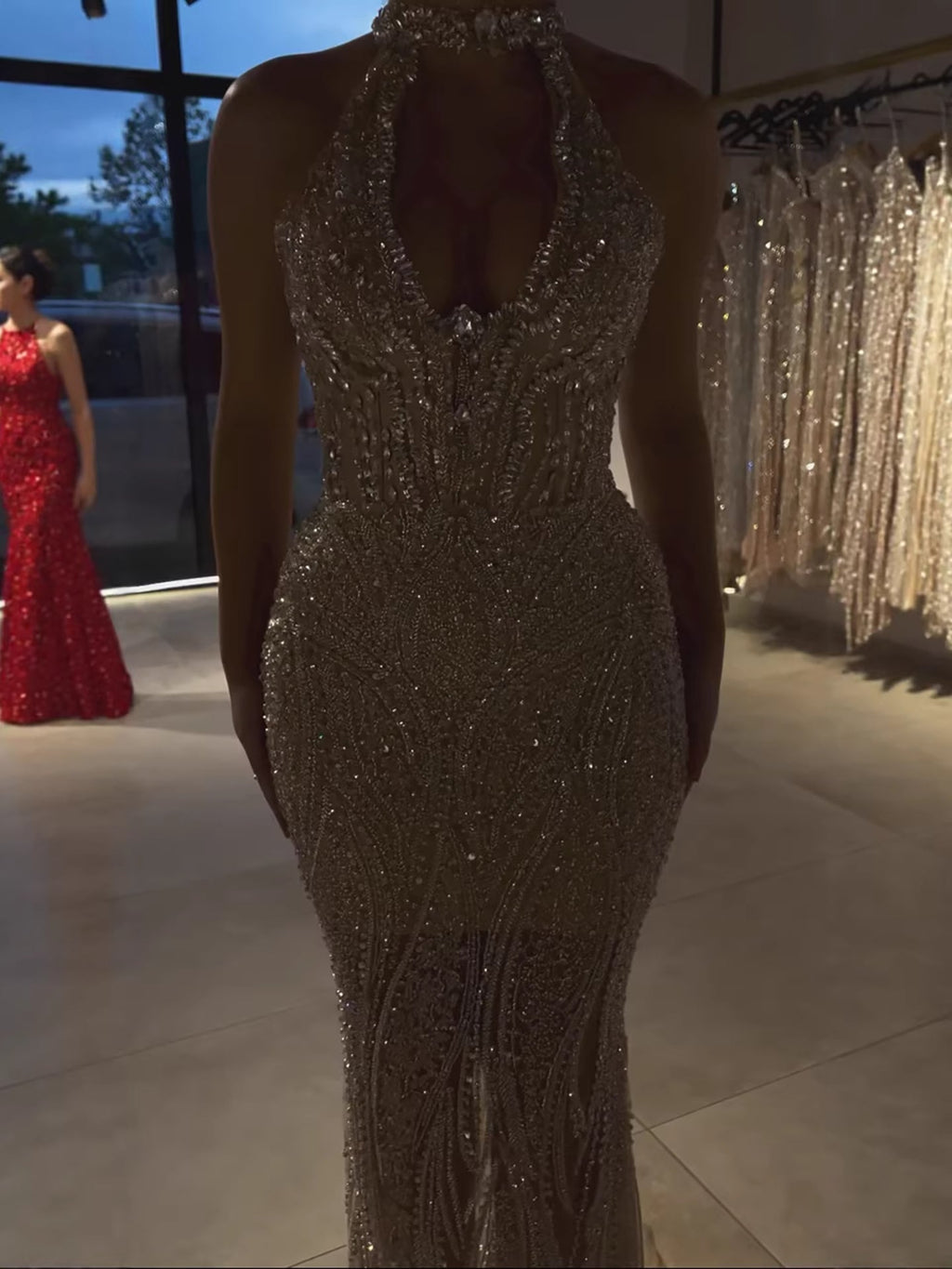 Silver Nude Halter Deep V Crystal Mermaid Evening Dress CLA733673