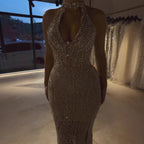 Silver Nude Halter Deep V Crystal Mermaid Evening Dress CLA733673