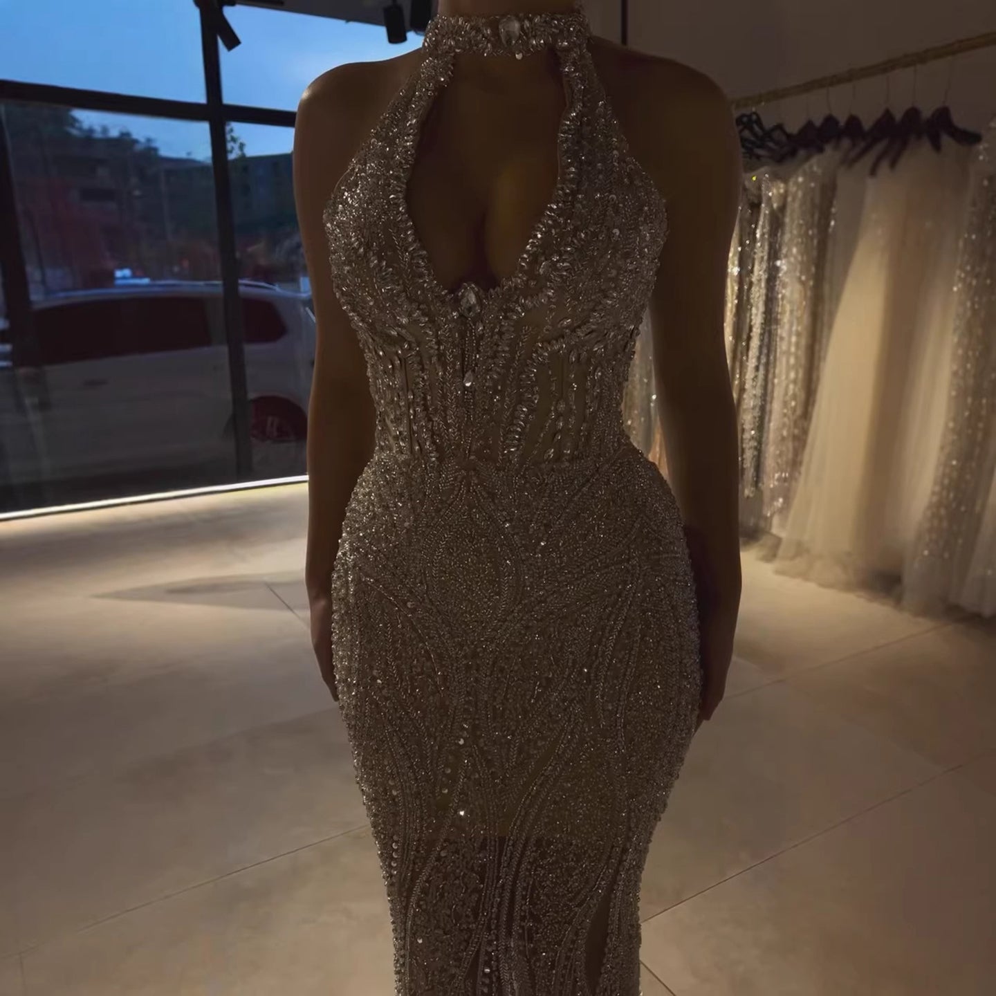 Silver Nude Halter Deep V Crystal Mermaid Evening Dress CLA733673