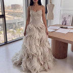 Luxury Cream Beaded A Line Evening Dress Ruffle Tiered Skirt CLA73368
