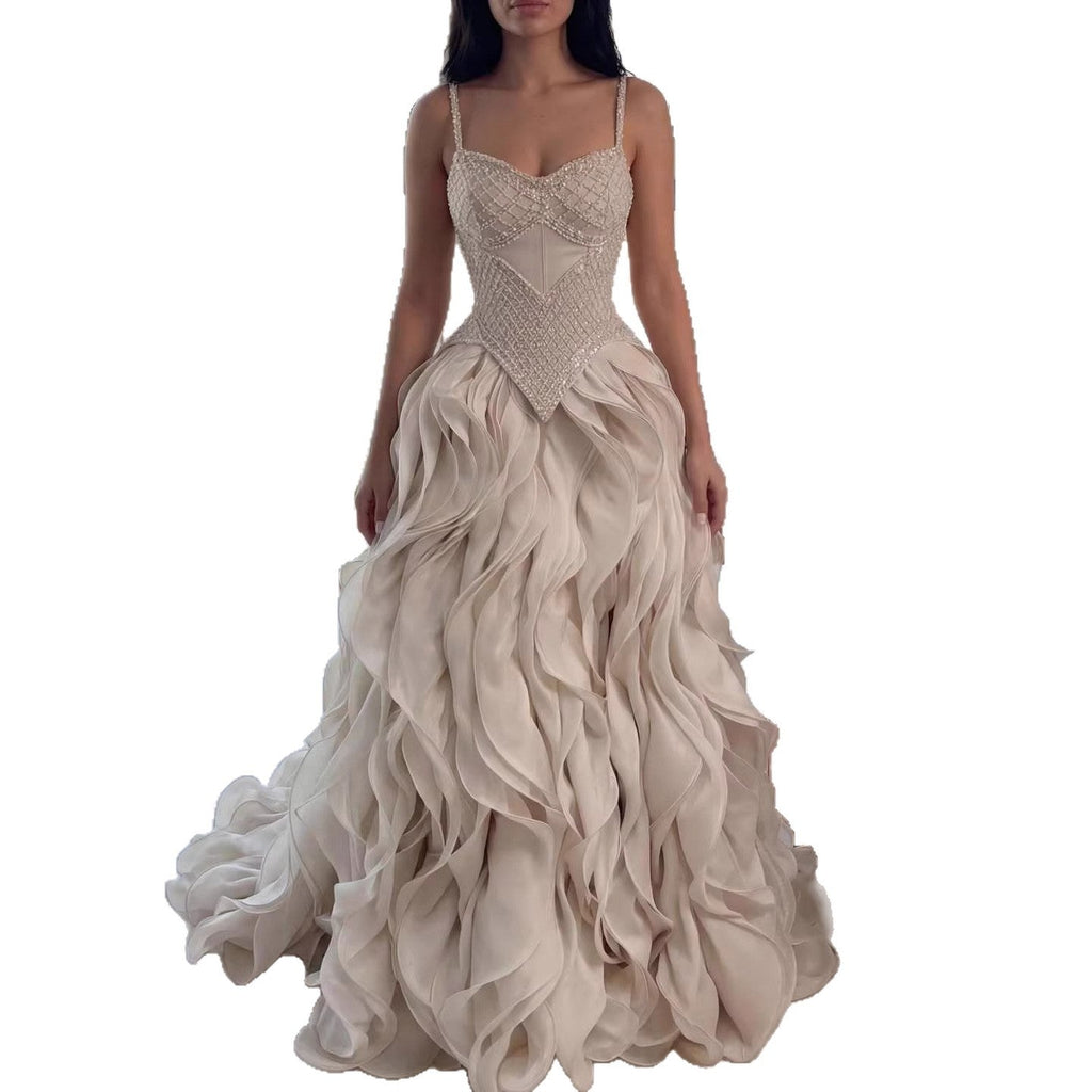 Luxury Cream Beaded A Line Evening Dress Ruffle Tiered Skirt CLA73368