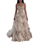 Luxury Cream Beaded A Line Evening Dress Ruffle Tiered Skirt CLA73368
