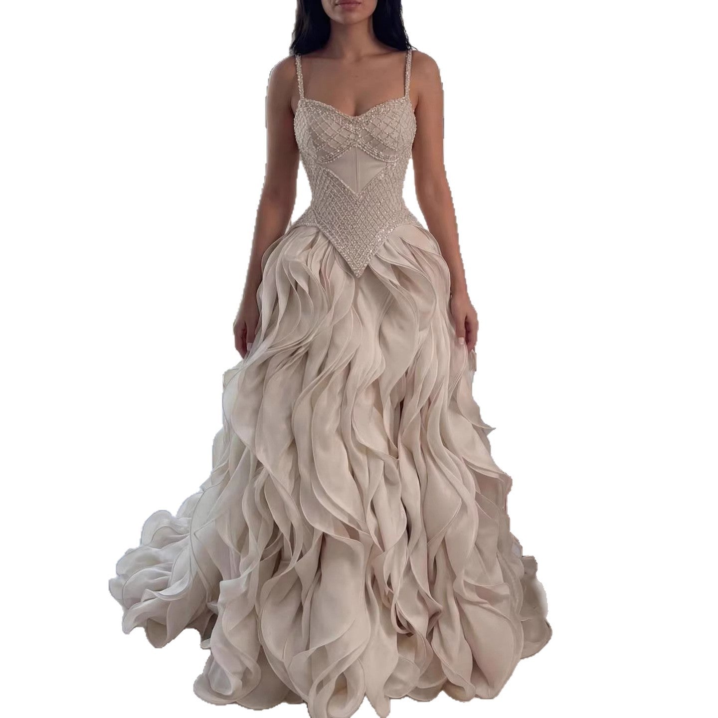Luxury Cream Beaded A Line Evening Dress Ruffle Tiered Skirt CLA73368