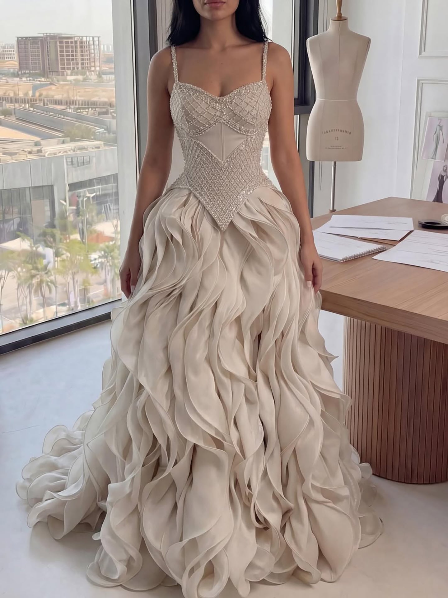 Luxury Cream Beaded A Line Evening Dress Ruffle Tiered Skirt CLA73368
