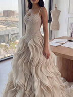Luxury Cream Beaded A Line Evening Dress Ruffle Tiered Skirt CLA73368