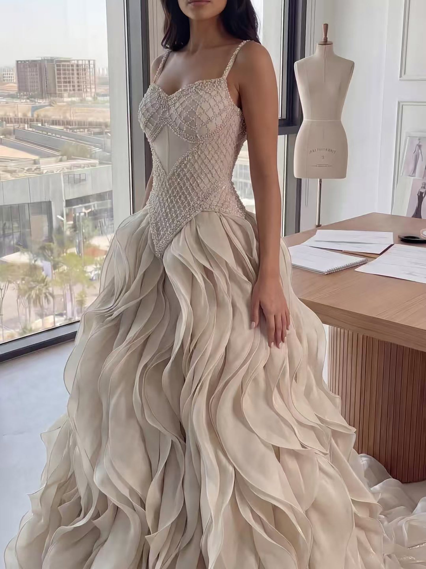 Luxury Cream Beaded A Line Evening Dress Ruffle Tiered Skirt CLA73368