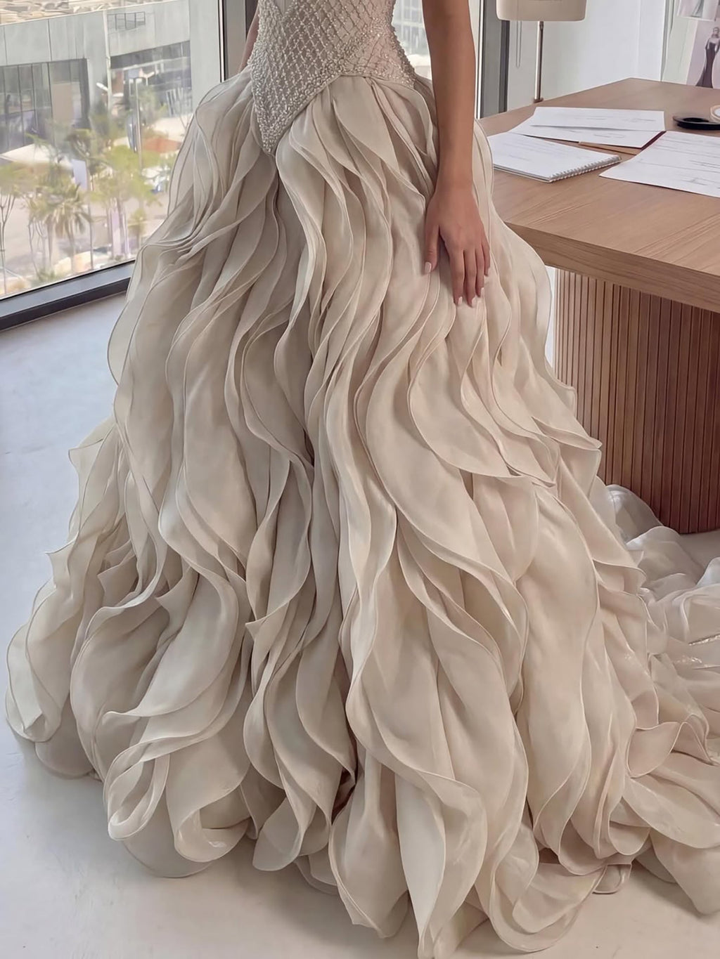 Luxury Cream Beaded A Line Evening Dress Ruffle Tiered Skirt CLA73368