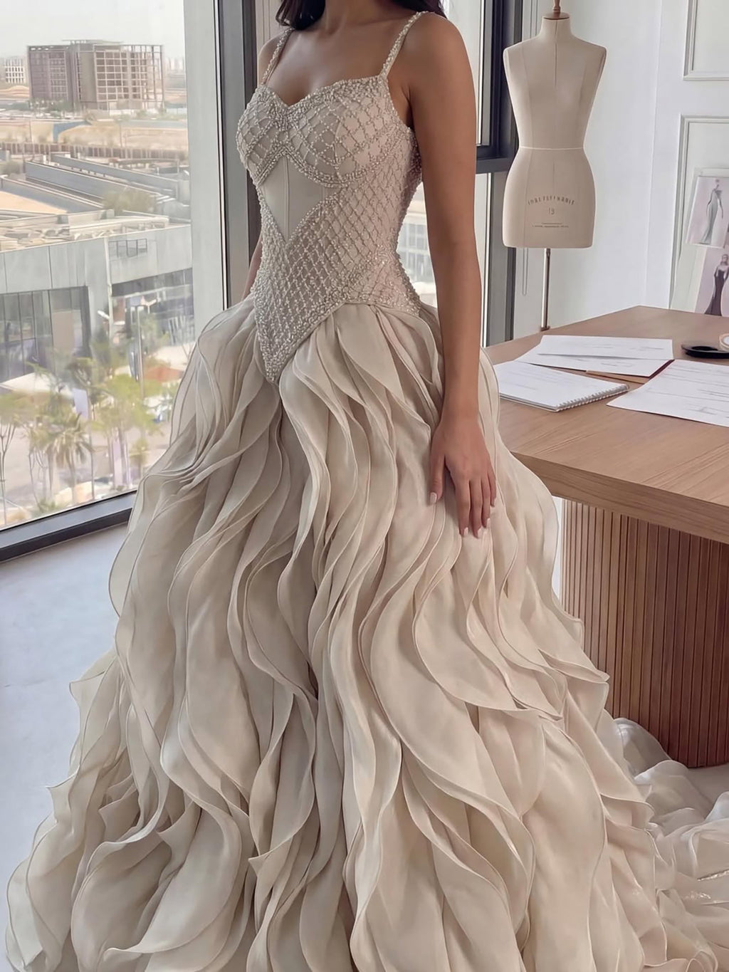 Luxury Cream Beaded A Line Evening Dress Ruffle Tiered Skirt CLA73368