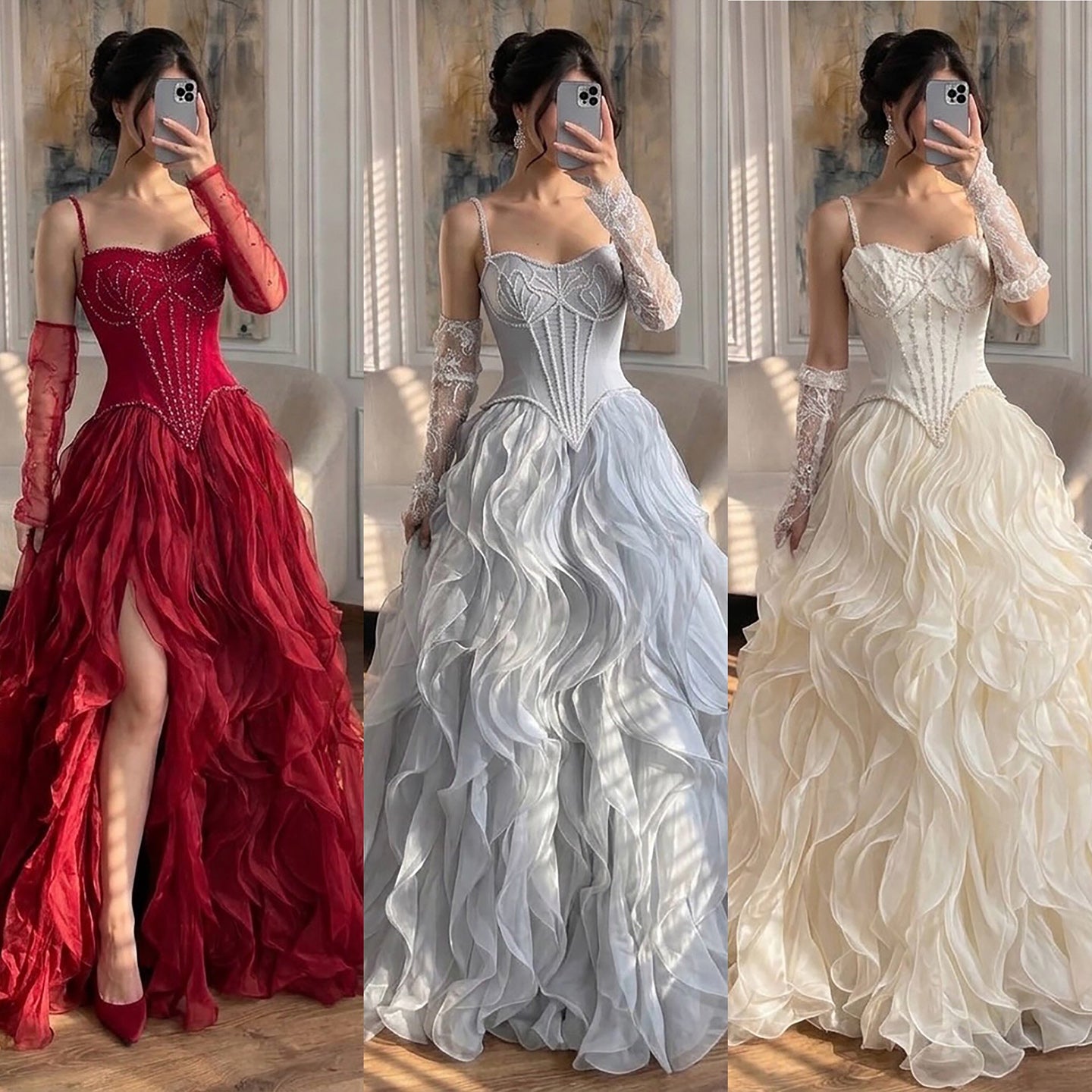 Luxury Gray Beaded Mermaid Corset Tulle Evening Dress With Gloves CLA73368A