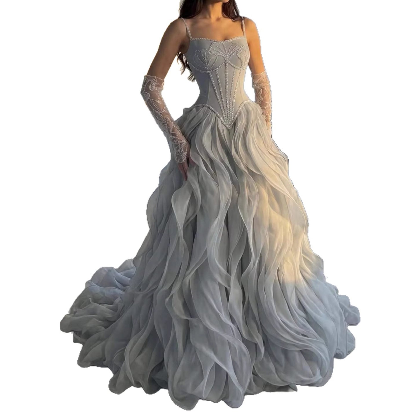 Luxury Gray Beaded Mermaid Corset Tulle Evening Dress With Gloves CLA73368A