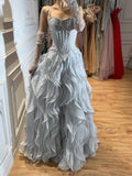 Luxury Gray Beaded Mermaid Corset Tulle Evening Dress With Gloves CLA73368A