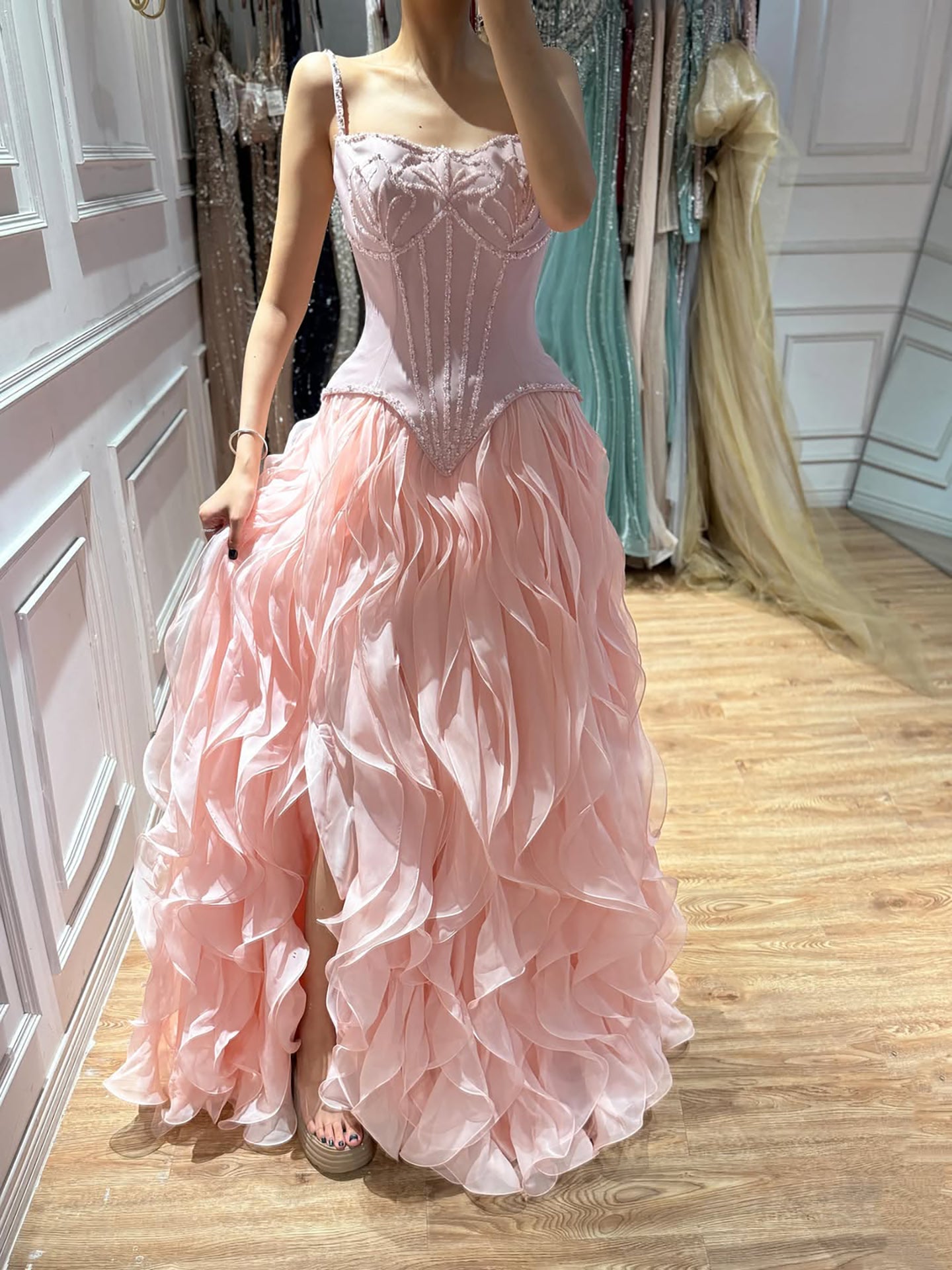 Luxury Gray Beaded Mermaid Corset Tulle Evening Dress With Gloves CLA73368A