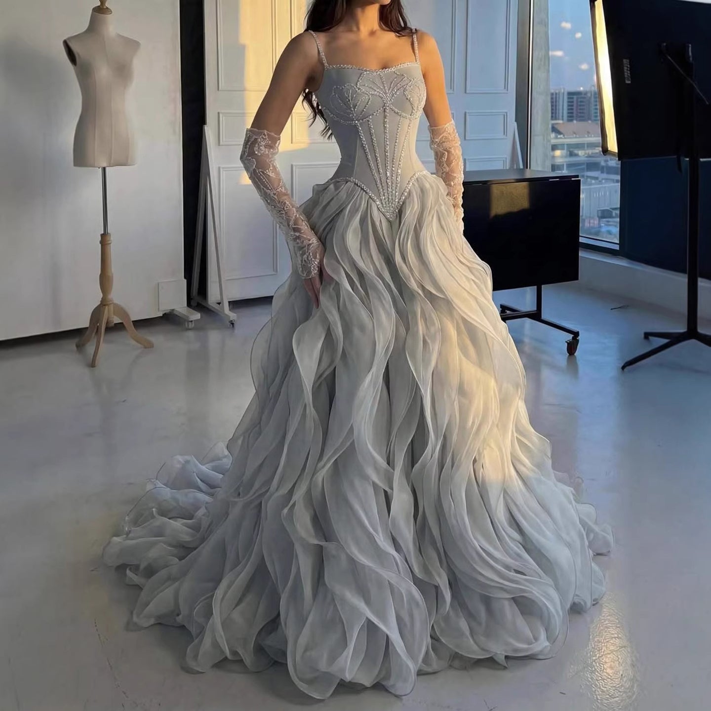 Luxury Gray Beaded Mermaid Corset Tulle Evening Dress With Gloves CLA73368A