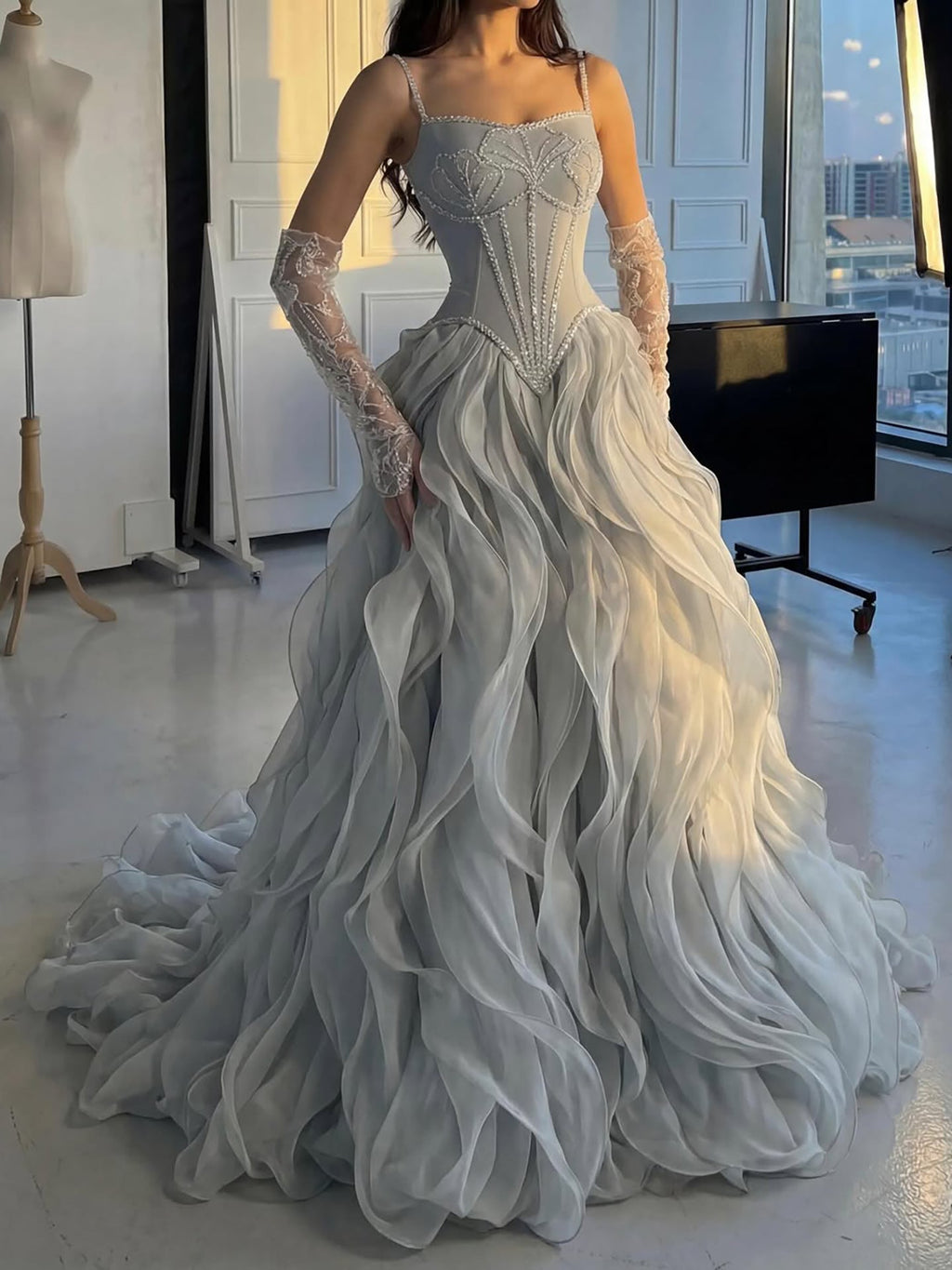 Luxury Gray Beaded Mermaid Corset Tulle Evening Dress With Gloves CLA73368A