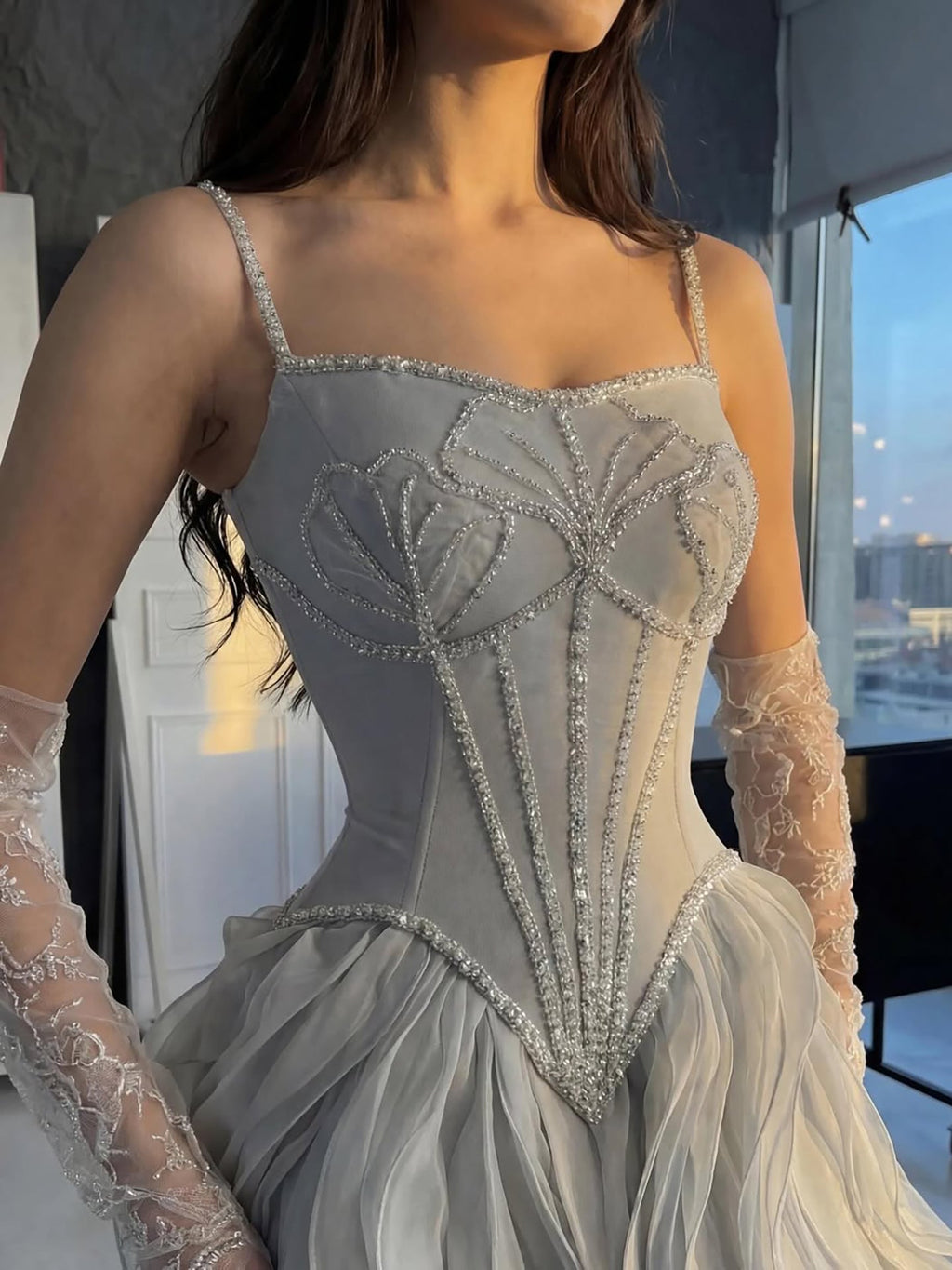 Luxury Gray Beaded Mermaid Corset Tulle Evening Dress With Gloves CLA73368A