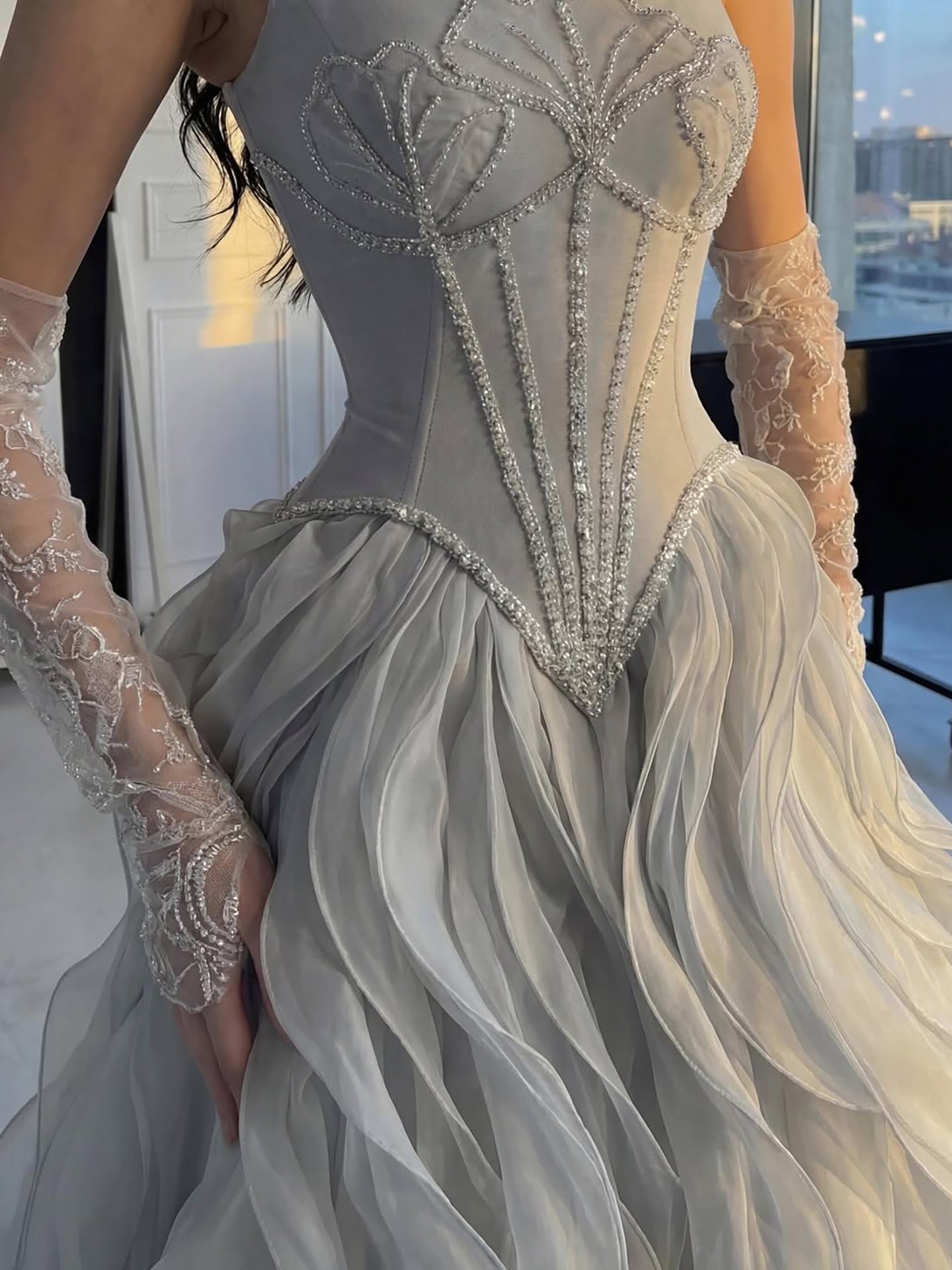 Luxury Gray Beaded Mermaid Corset Tulle Evening Dress With Gloves CLA73368A