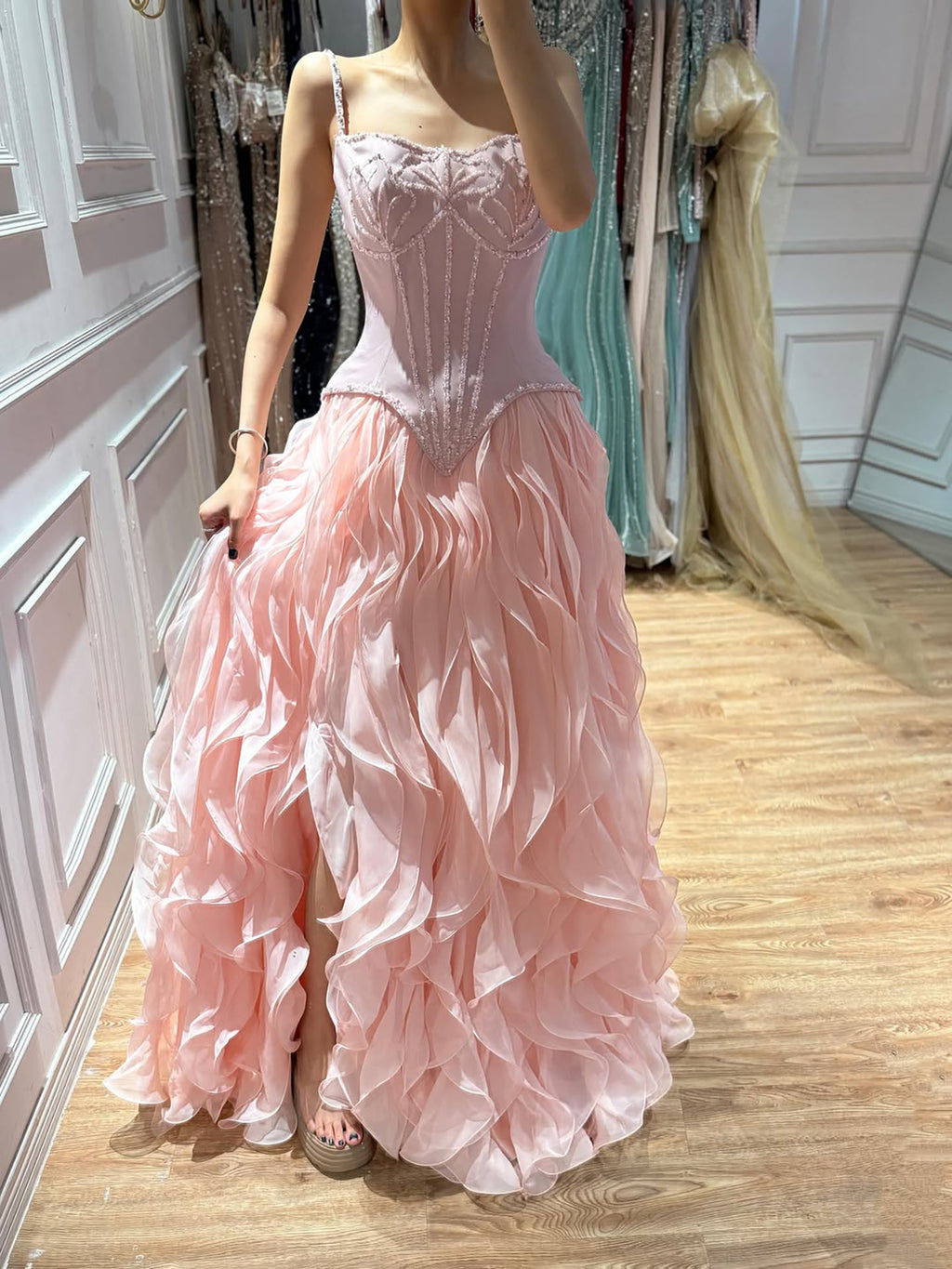 Luxury Pink Beaded Corset Ruffled Slit Evening Gown LA73368B
