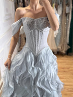 Luxury Pink Beaded Corset Ruffled Slit Evening Gown LA73368B