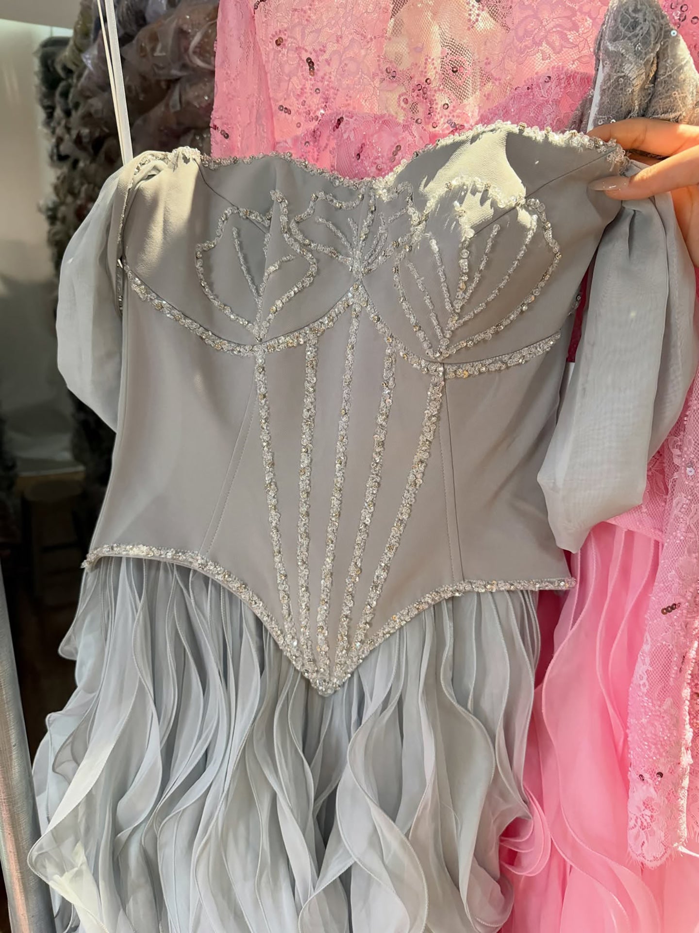 Luxury Pink Beaded Corset Ruffled Slit Evening Gown LA73368B