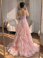 Luxury Pink Beaded Corset Ruffled Slit Evening Gown LA73368B