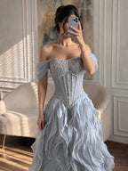 Luxury Pink Beaded Corset Ruffled Slit Evening Gown LA73368B