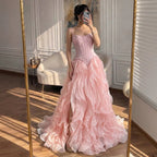 Luxury Pink Beaded Corset Ruffled Slit Evening Gown LA73368B