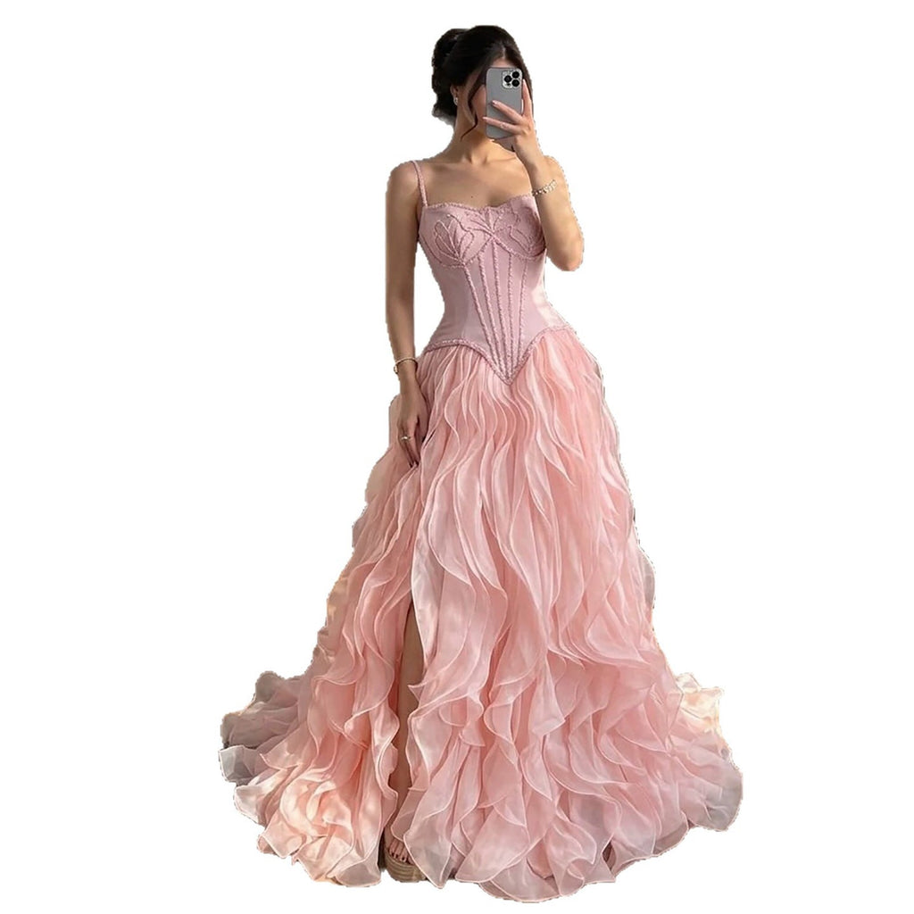 Luxury Pink Beaded Corset Ruffled Slit Evening Gown LA73368B