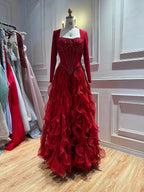 Elegant Wine Red Beaded Corset Ruffle A Line Dress LA73368E