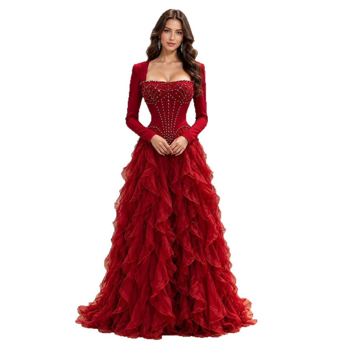 Elegant Wine Red Beaded Corset Ruffle A Line Dress LA73368E