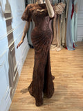 Luxury Brown Beaded Mermaid Gown With Cape CLA73370