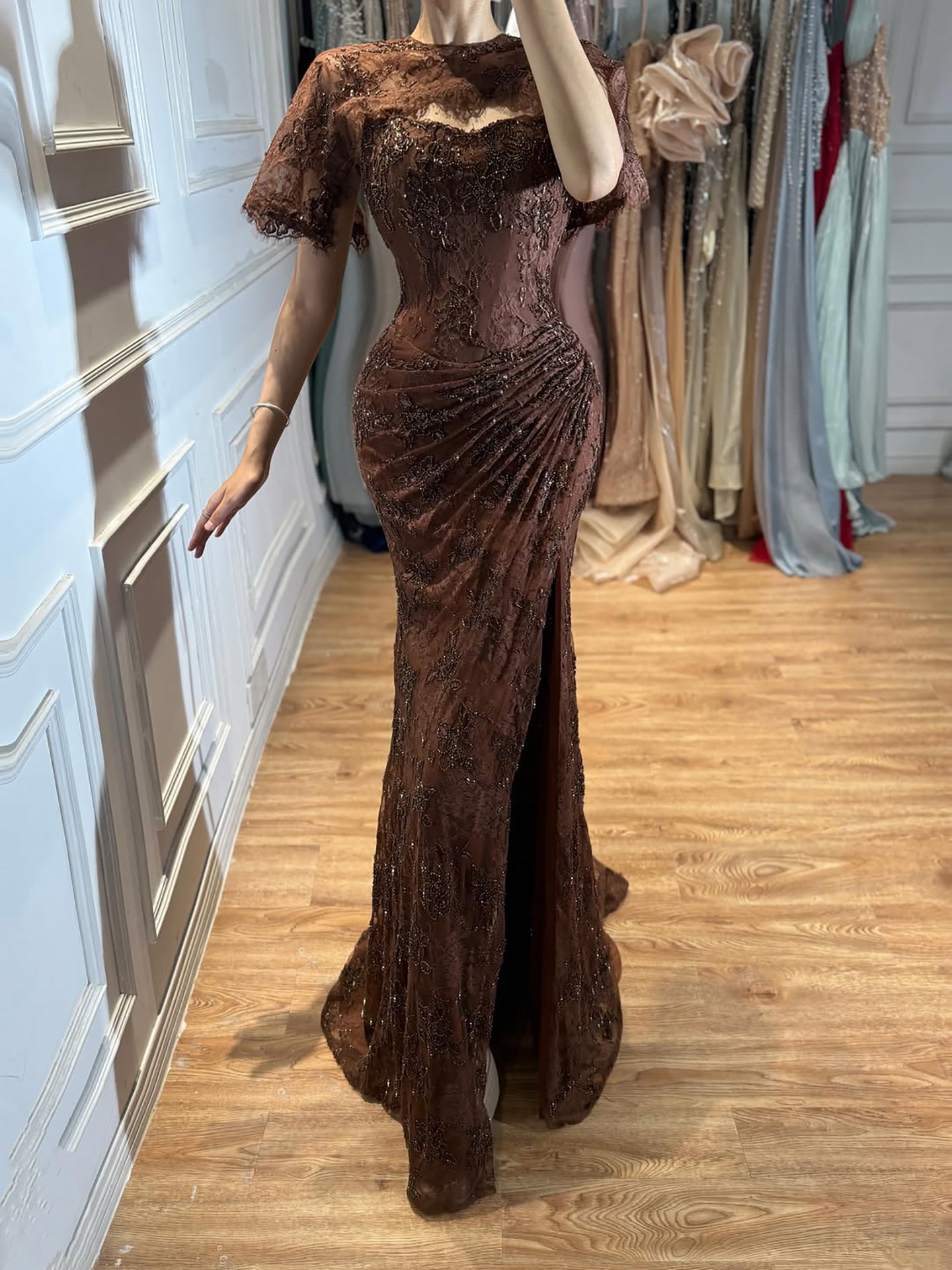 Luxury Brown Beaded Mermaid Gown With Cape CLA73370