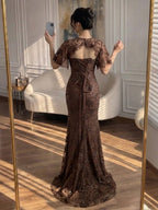 Luxury Brown Beaded Mermaid Gown With Cape CLA73370
