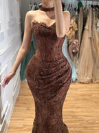 Luxury Brown Beaded CLAce Mermaid Evening Dress CLA73370A