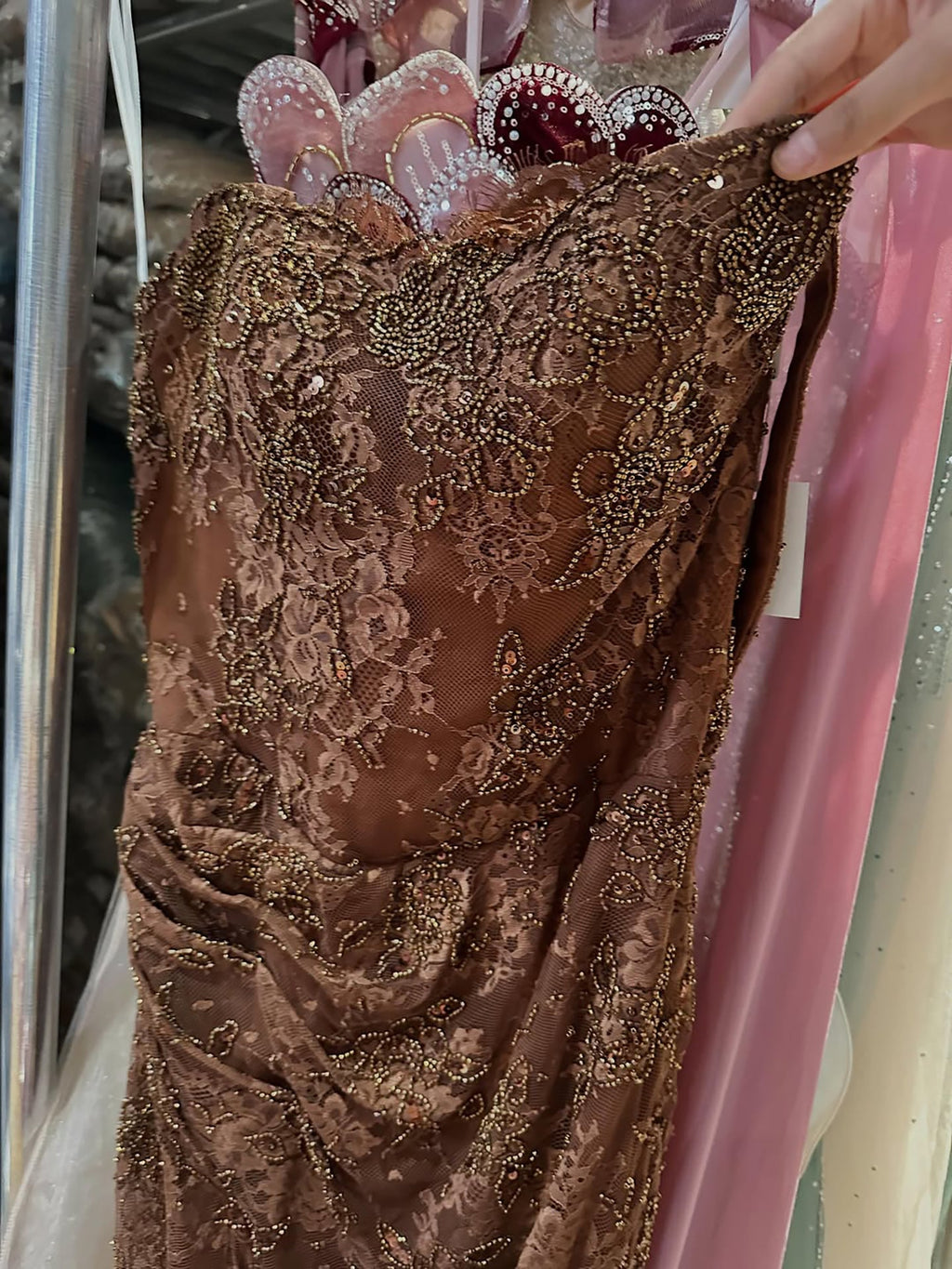 Luxury Brown Beaded CLAce Mermaid Evening Dress CLA73370A
