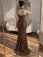 Luxury Brown Beaded CLAce Mermaid Evening Dress CLA73370A