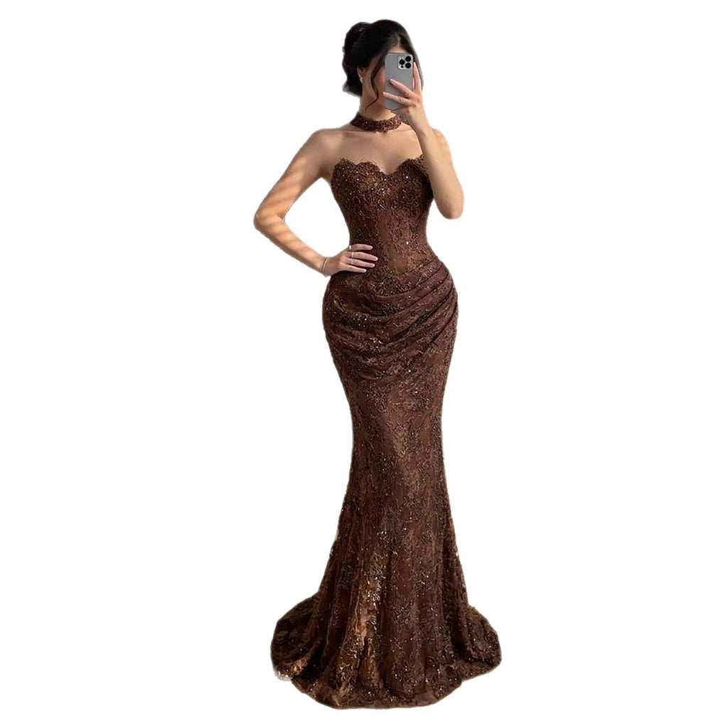 Luxury Brown Beaded CLAce Mermaid Evening Dress CLA73370A