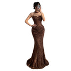 Luxury Brown Beaded CLAce Mermaid Evening Dress CLA73370A