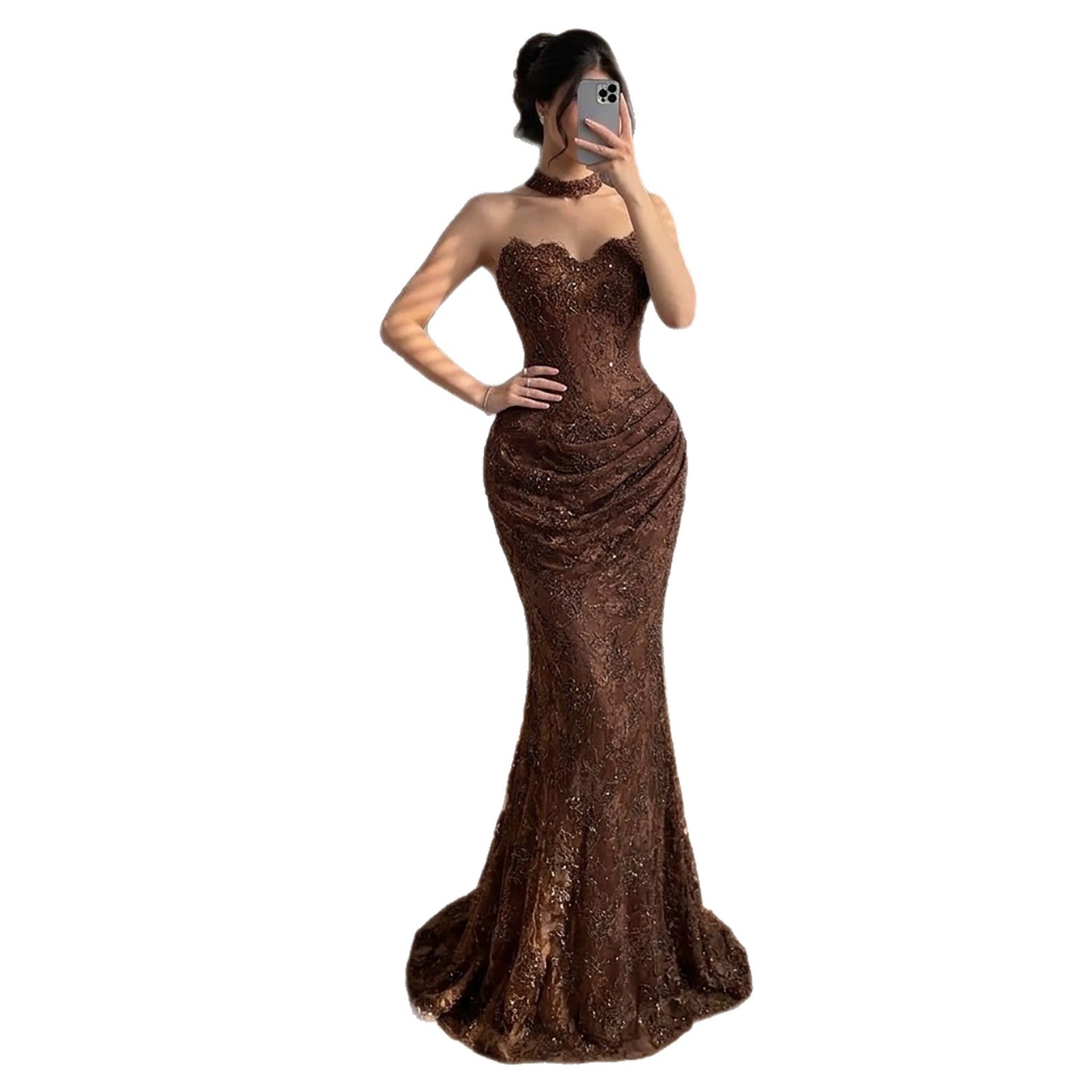 Luxury Brown Beaded CLAce Mermaid Evening Dress CLA73370A
