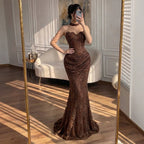 Luxury Brown Beaded CLAce Mermaid Evening Dress CLA73370A