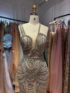 Luxury Silver Nude One Shoulder Pearls Beaded Gowns LA73371