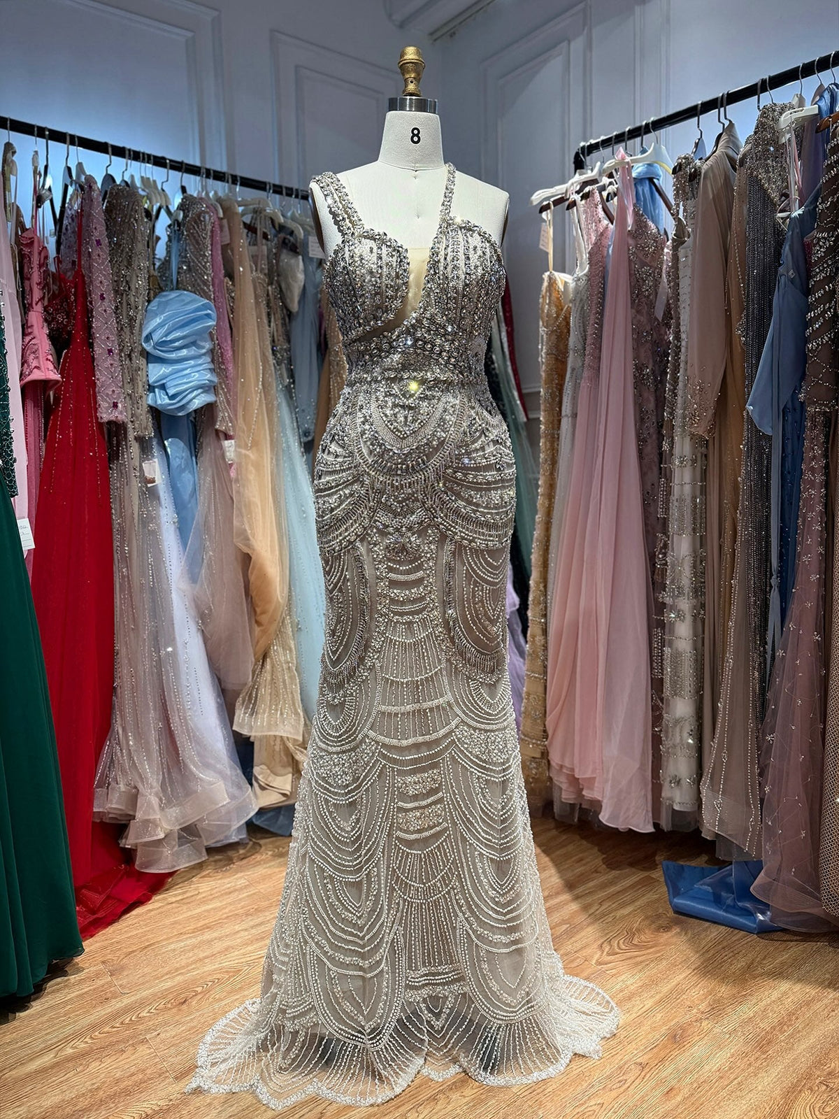 Luxury Silver Nude One Shoulder Pearls Beaded Gowns LA73371