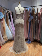 Luxury Silver Nude One Shoulder Pearls Beaded Gowns LA73371