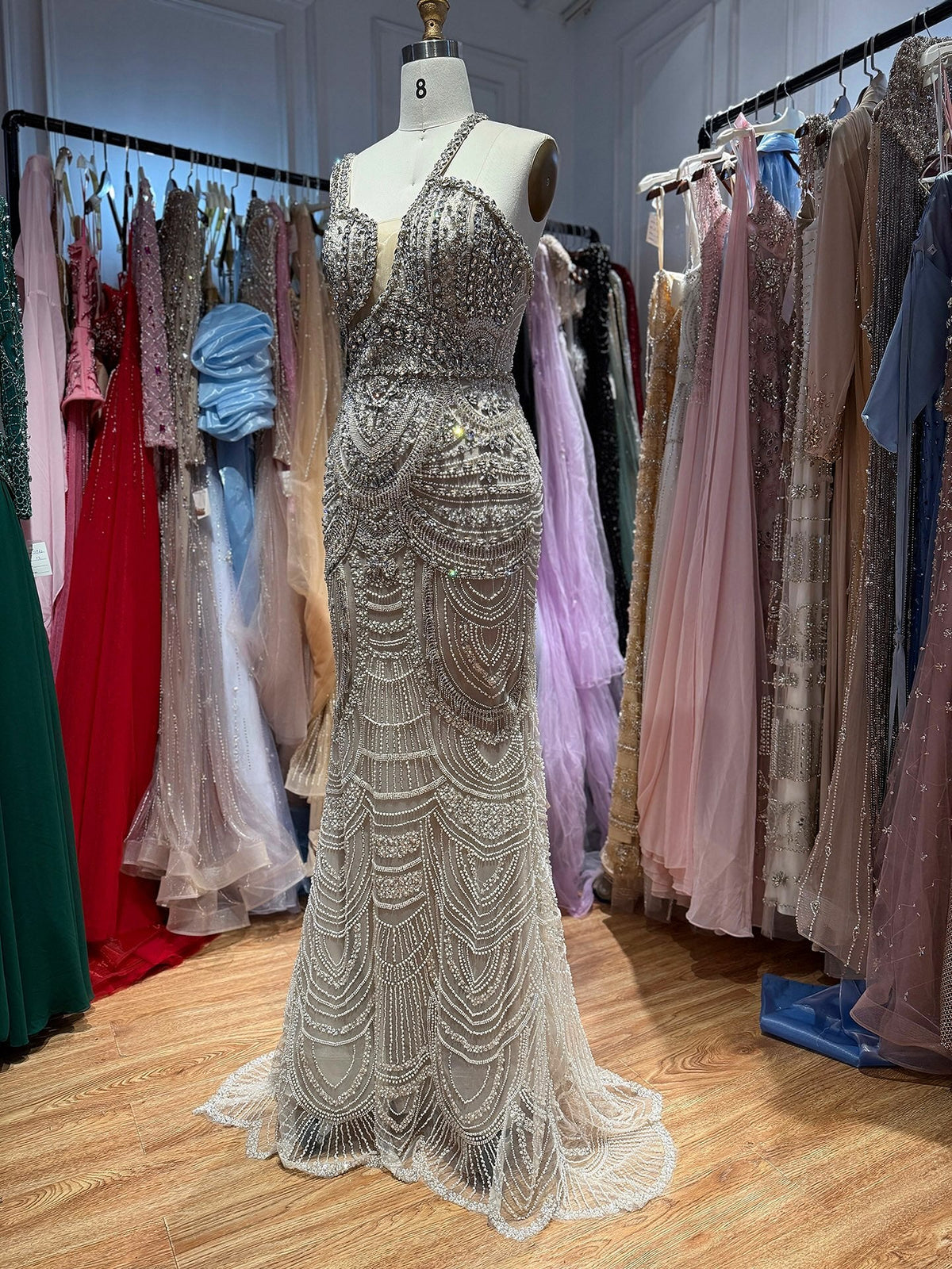 Luxury Silver Nude One Shoulder Pearls Beaded Gowns LA73371