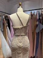 Luxury Silver Nude One Shoulder Pearls Beaded Gowns LA73371