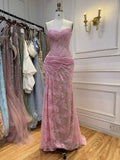 Arabic Simple Style Elegant Lace Mermaid Strapless With Silt Evening Dress CLA73373A