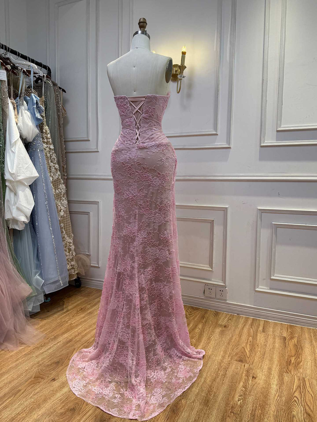 Arabic Simple Style Elegant Lace Mermaid Strapless With Silt Evening Dress CLA73373A