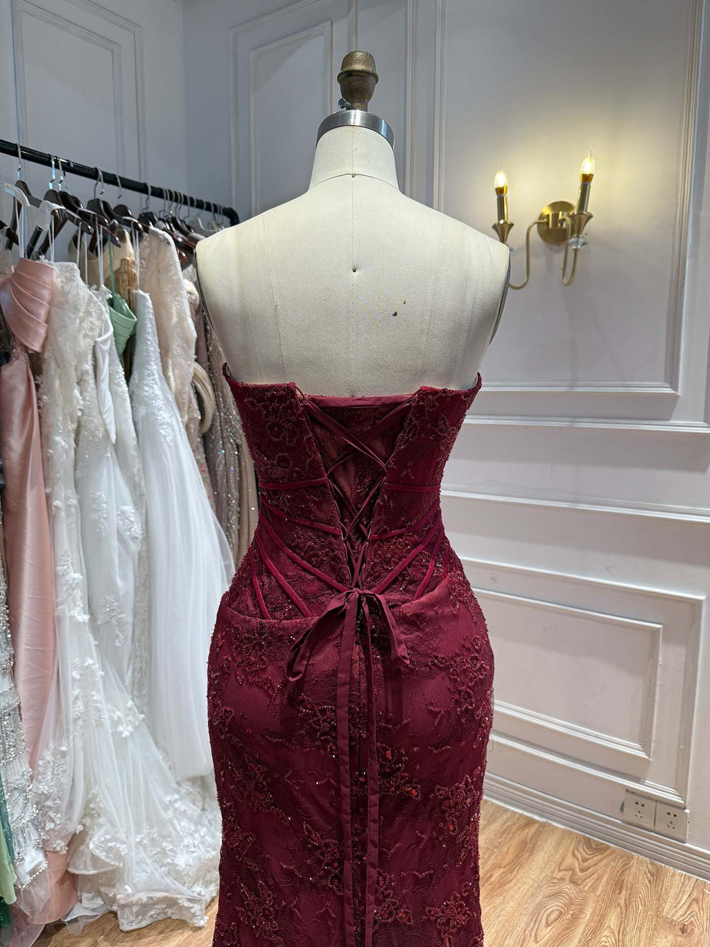 Arabic Simple Style Elegant Lace Mermaid Strapless With Silt Evening Dress CLA73373A