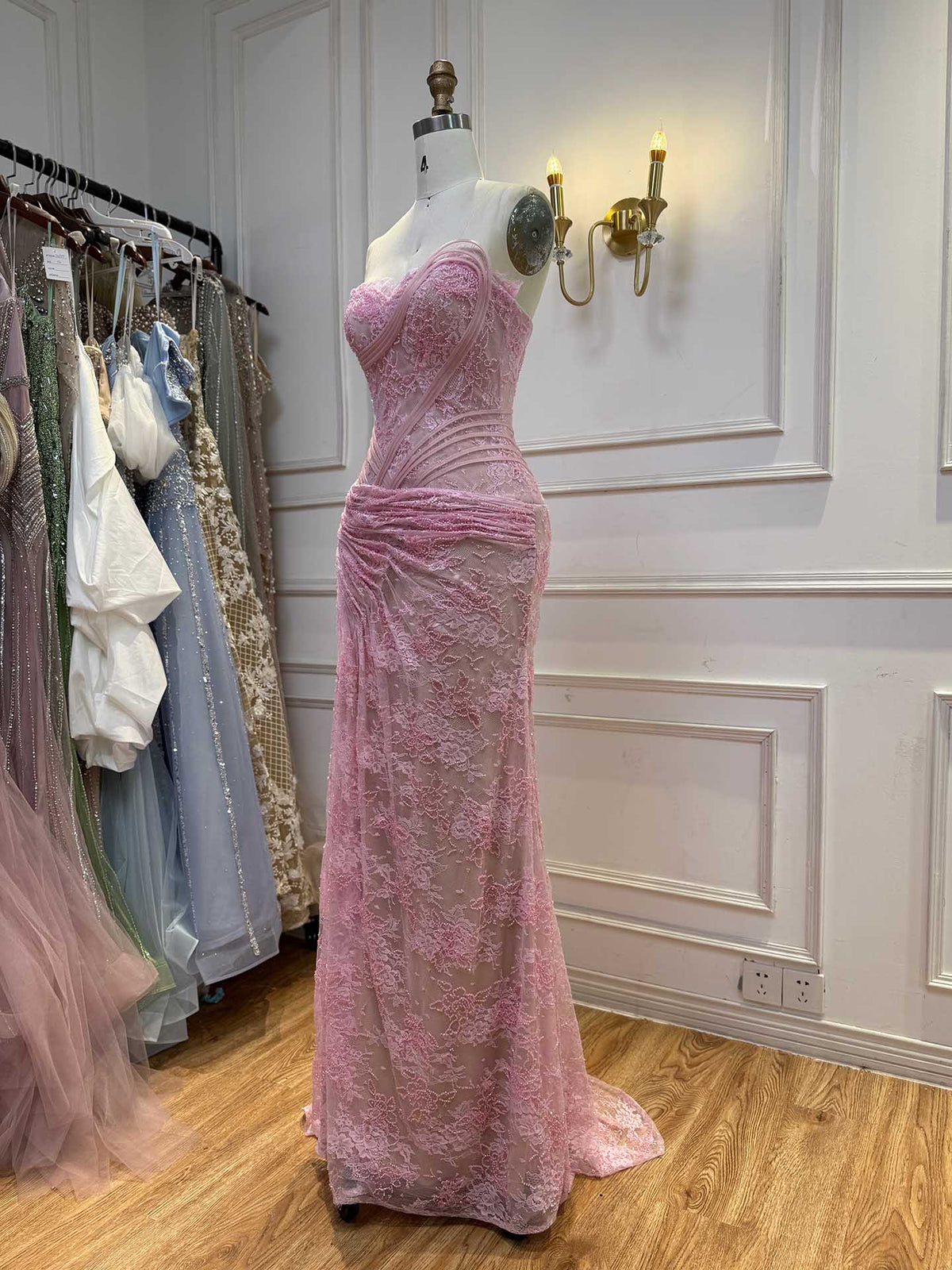 Arabic Simple Style Elegant Lace Mermaid Strapless With Silt Evening Dress CLA73373A